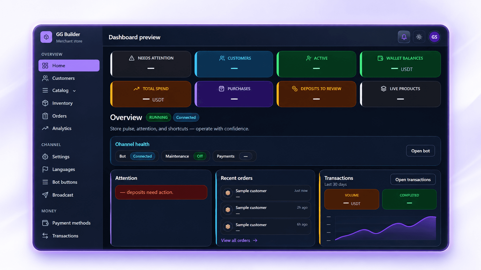 A dark merchant dashboard preview showing customer, product and order management.