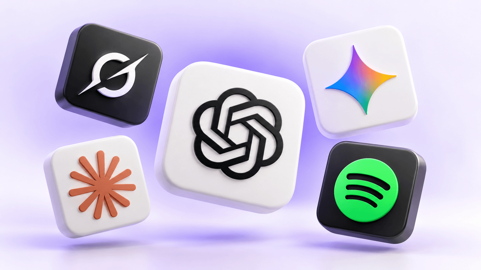 ChatGPT, Grok, Gemini, Claude and Spotify product symbols on floating tiles.