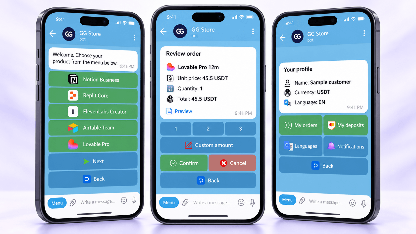 Three phones showing product browsing, order confirmation and a customer profile inside a Telegram store.